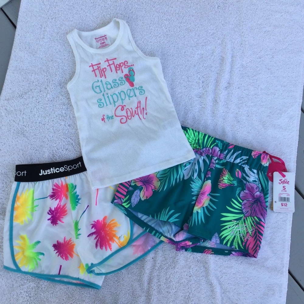 2 Pair NWT Justice Sport Shorts with Attached Underwear, White Ribbed Tank Top